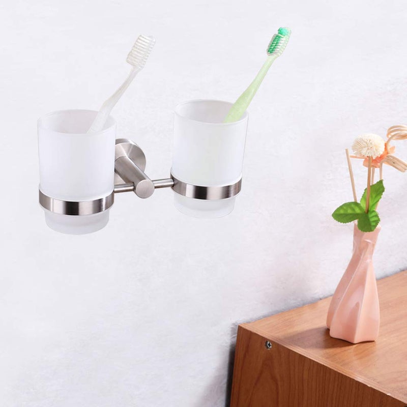 Angle Simple Double Toothbrush Holder  Angle Simple SUS304 Stainless Steel Wall Mounted Glass Tumbler Holder with Frosted Glass Cup Toothpaste Razor Organizer Bathroom Storage  Brushed Nickel - Image 3